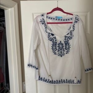 White and Blue Embroidered Women's Top